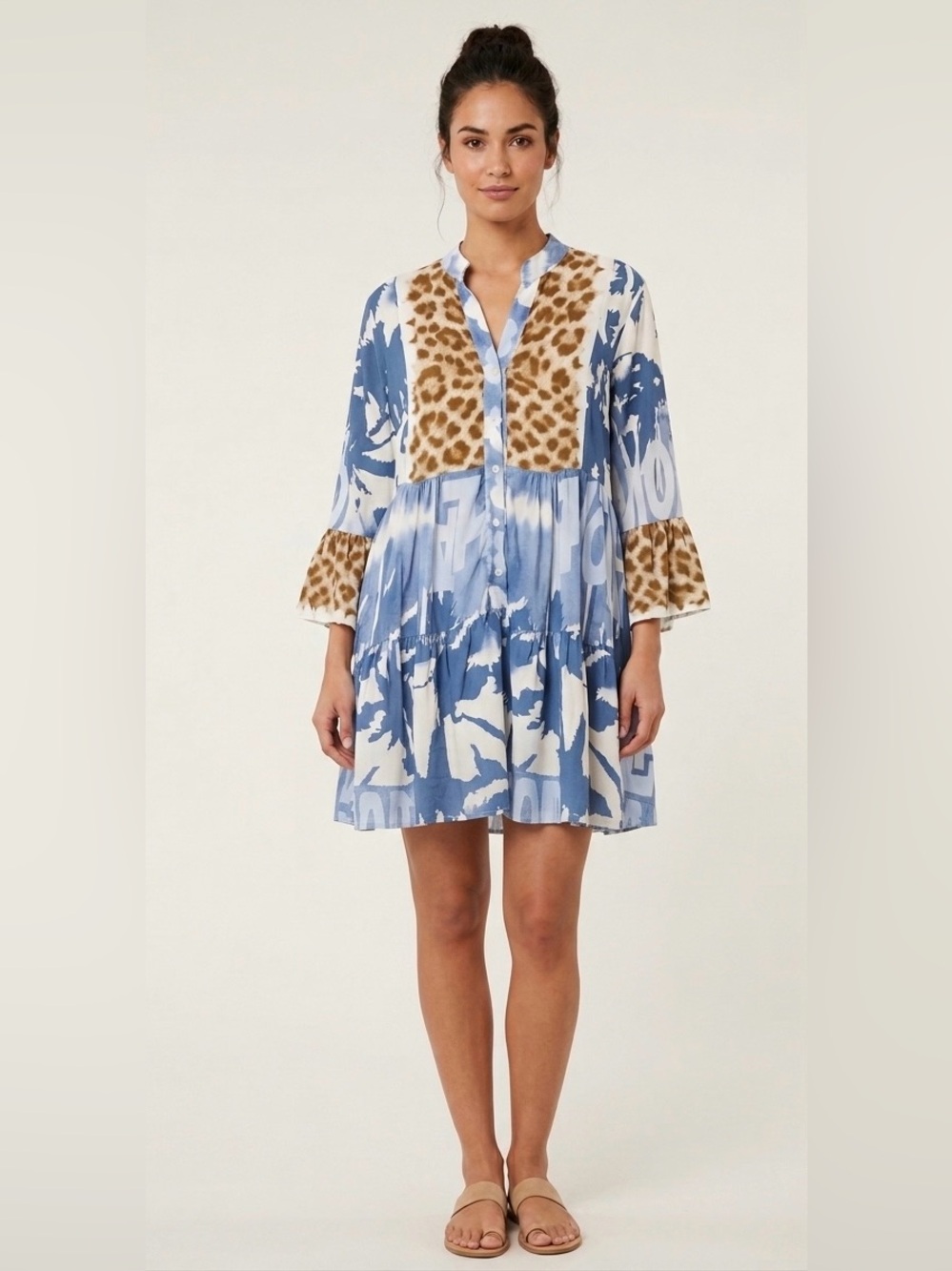 Lombaggi Blue Patchwork Animal Print Tiered Ruffle Sleeve Mini Dress